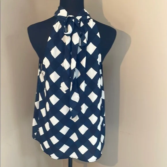 J. Crew Navy and Cream Checkered Bow Tie Back Halter Top Size 8 - Picture 4 of 8